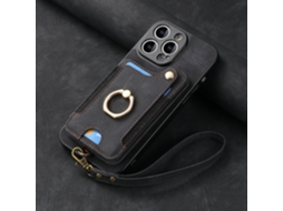 Adequado Para Capa De Couro Para Celular Iphone, Com Escova Antifurto Rfid, Fivela De Anel, Suporte Para Cartão Multifuncional, Preto Com Cordão De C