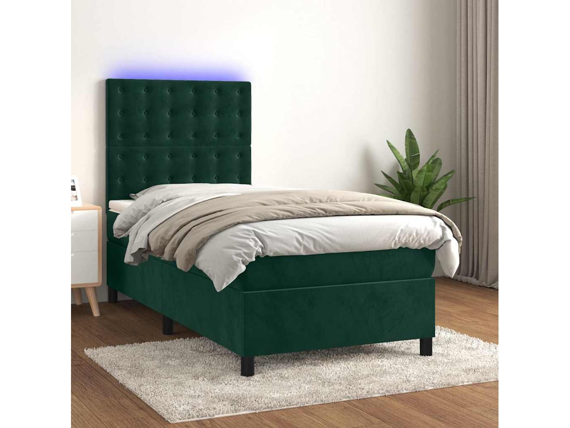 Vidaxl Cama Box Spring C/ Colchão/led 100x200 Cm Veludo Verde-escuro