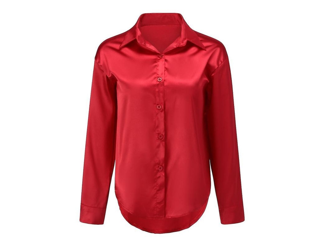2026 camisa Leve de Cetim Brilhante para Mulher Yynuda com Colarinho Lapela e Fecho de Botões