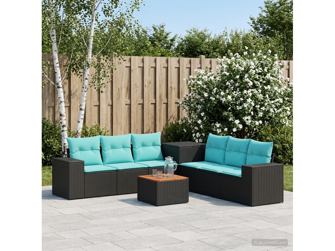 Vidaxl Conjunto De Sofás 8 Unid. Preto E Azul Rattan Poliéster E Aço