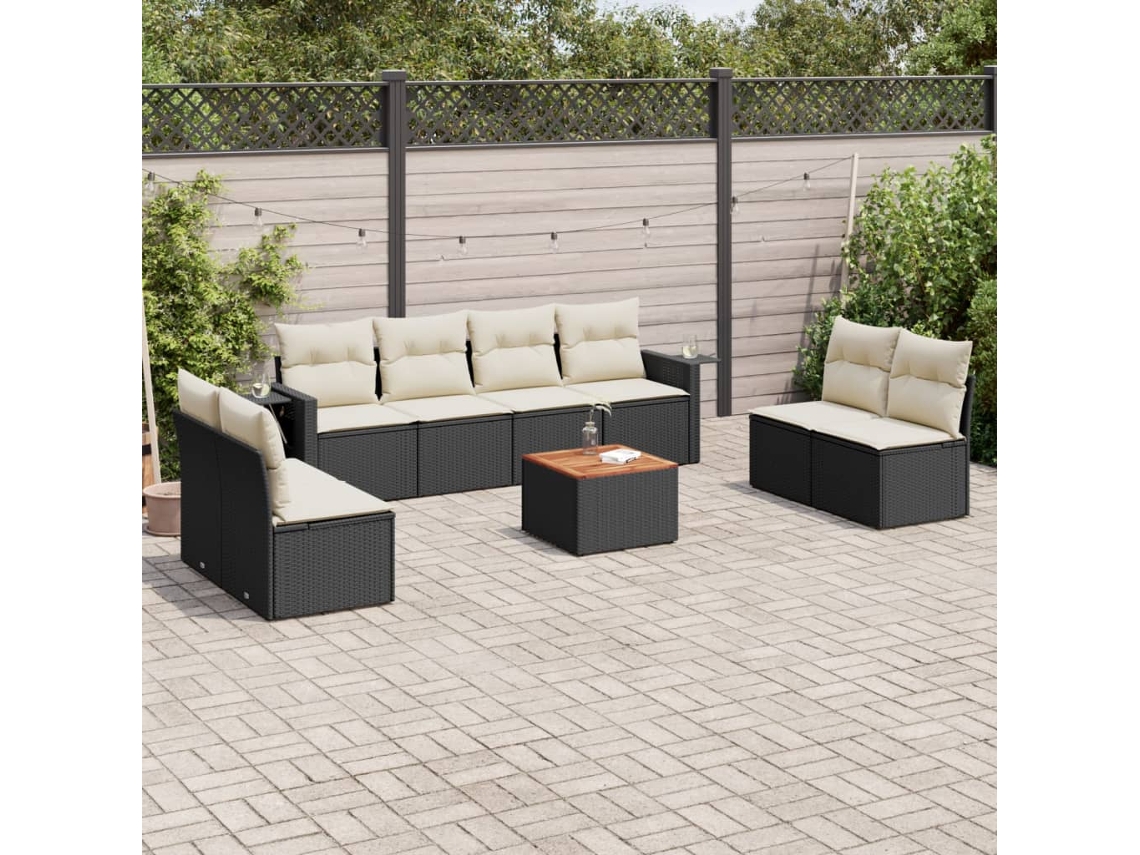 9 Pcs Conjunto De Sofás P/ Jardim C/ Almofadões Vime Pe Preto Dkd Home Decor