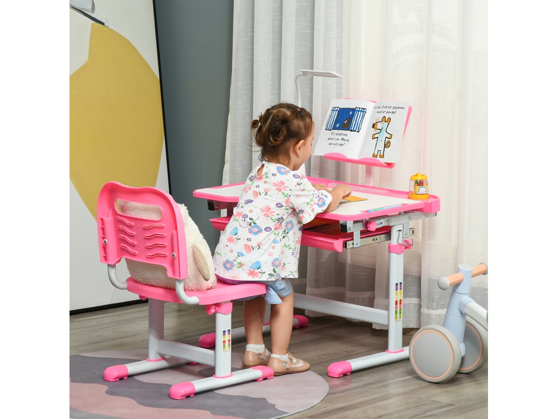 Mesa e Secretária Infantil Ajustável com Tampo Inclinável e Luminária Rosa