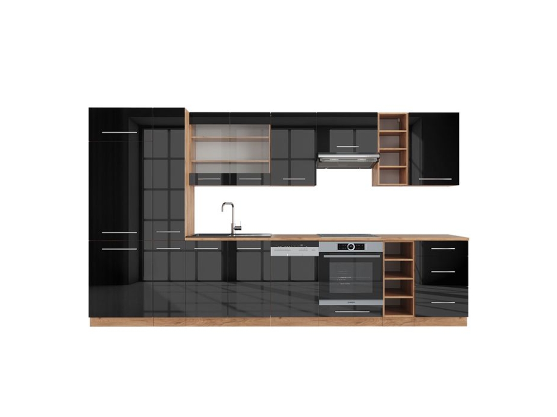 Cozinha Fame-Line, 355 cm sem bancada, antracite brilhante/carvalho dourado, Vicco
