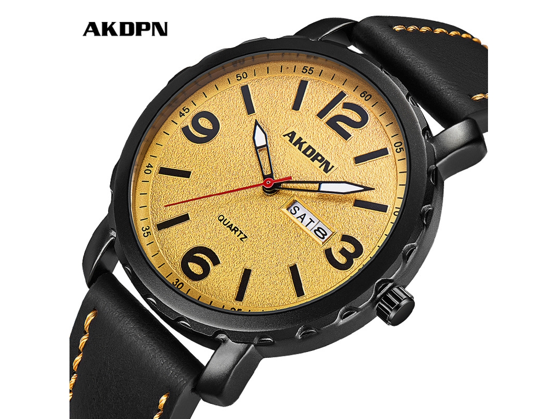 Relógio Masculino MDUG com pulseira de aço, movimento de quartzo, indicador de data, ponteiros luminosos, cor amarelo
