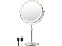 Rebe espejo de Maquillaje Con Luz 10x, 20 Cm Doble Lado Sin Giro, Base Ajustable En Altura, 3 Modos de Luz Regulable