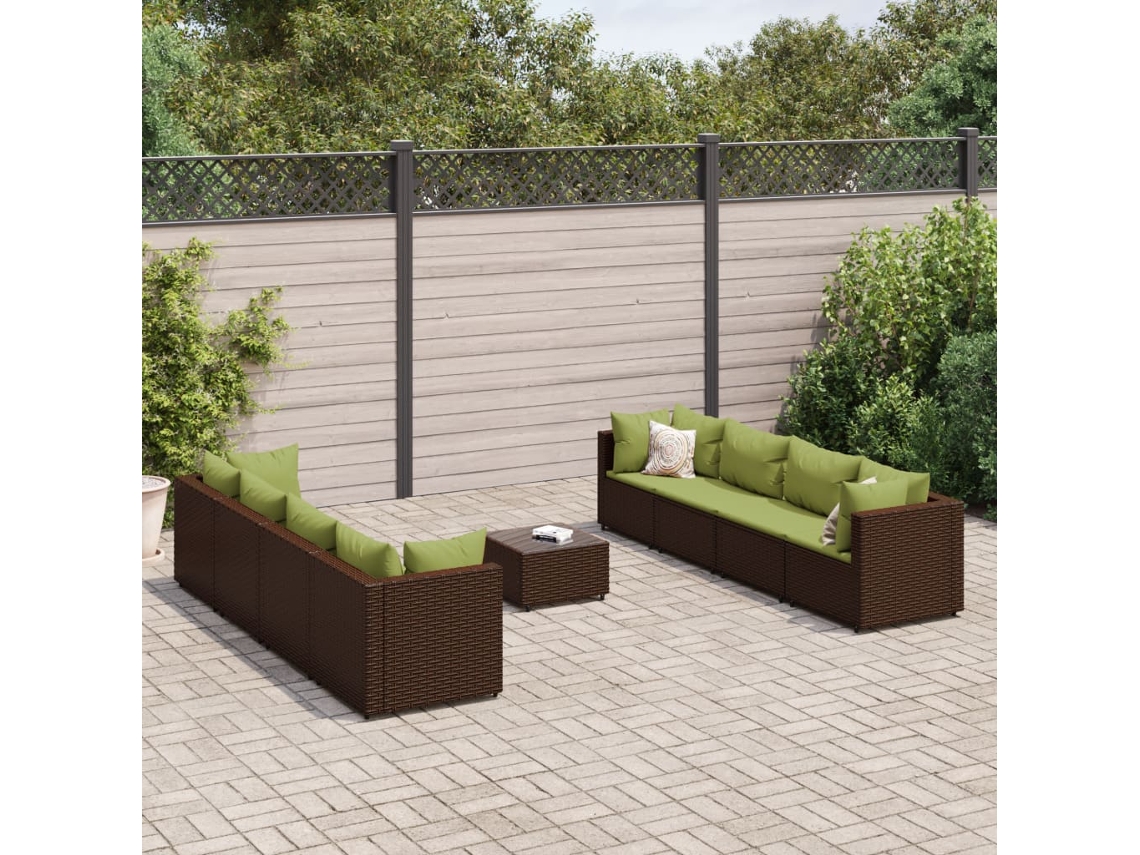 Vidaxl 9 Pcs Conjunto Lounge Jardim C/ Almofadões Vime Pe Castanho