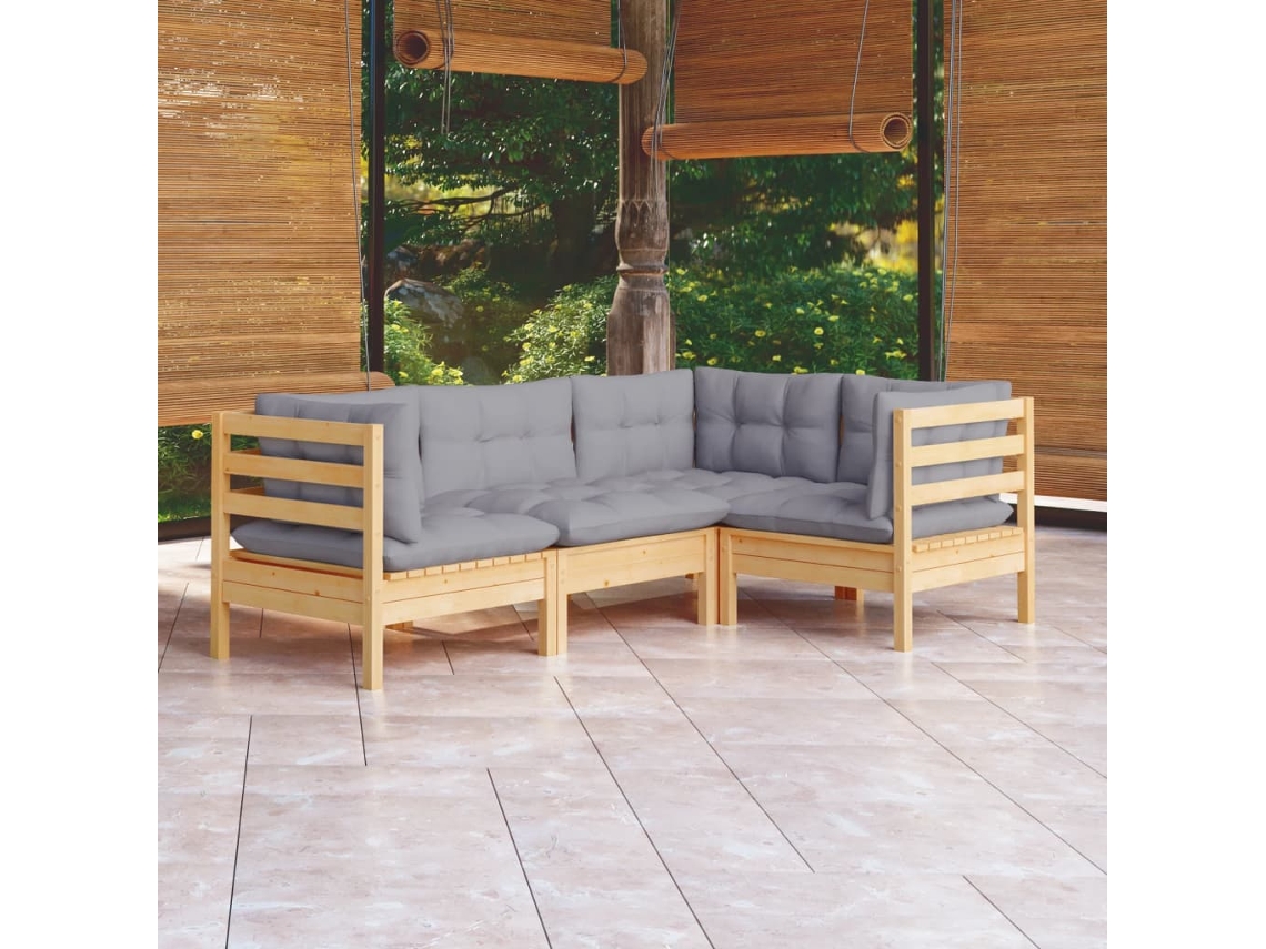 Vidaxl 4 Pcs Conjunto Lounge De Jardim C/ Almofadões Cinza Pinho