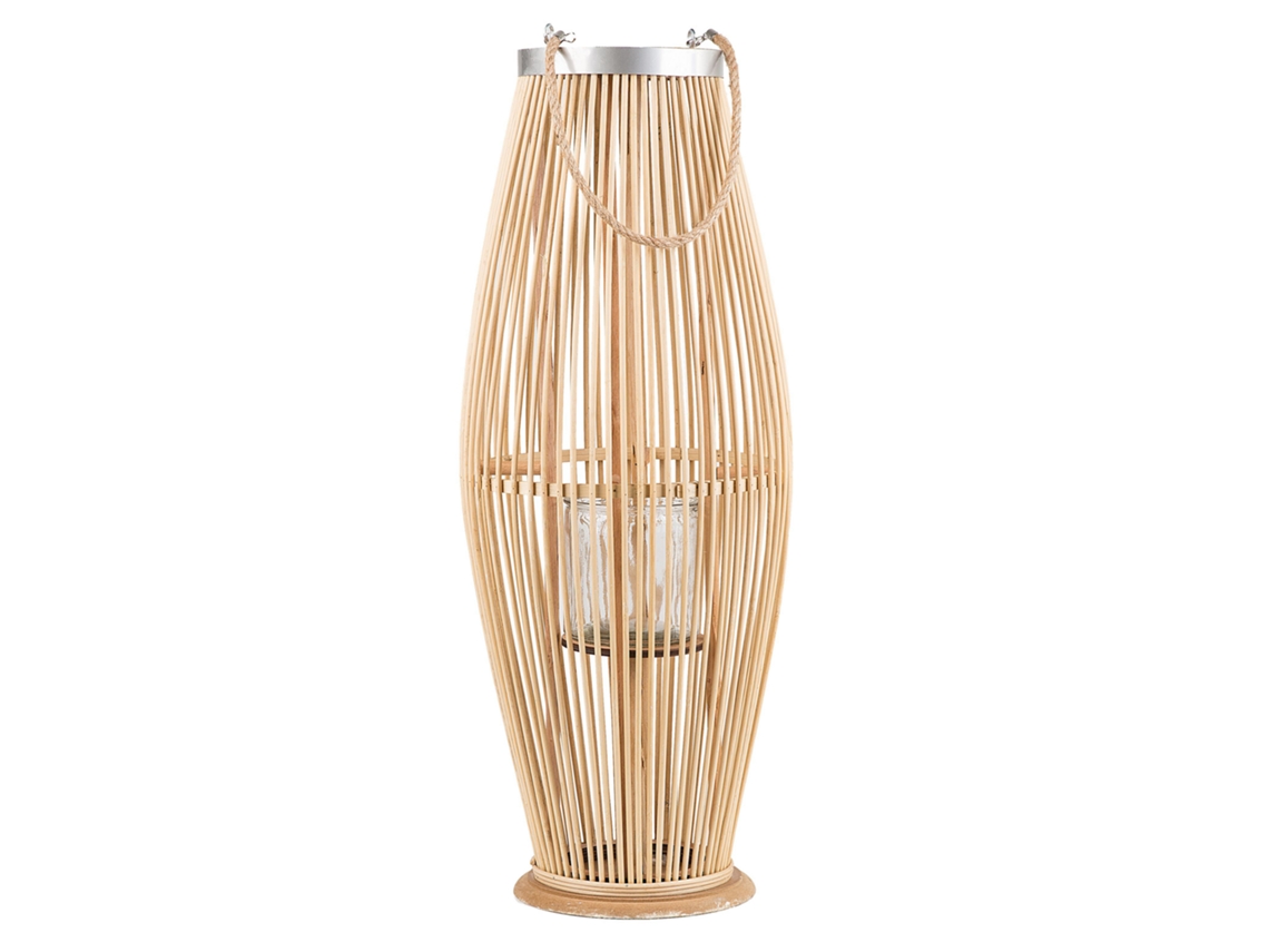 Linterna Decorativa Con Un Candelero De Cristal Beliani Tahiti De Bambú Marrón 27x27x72