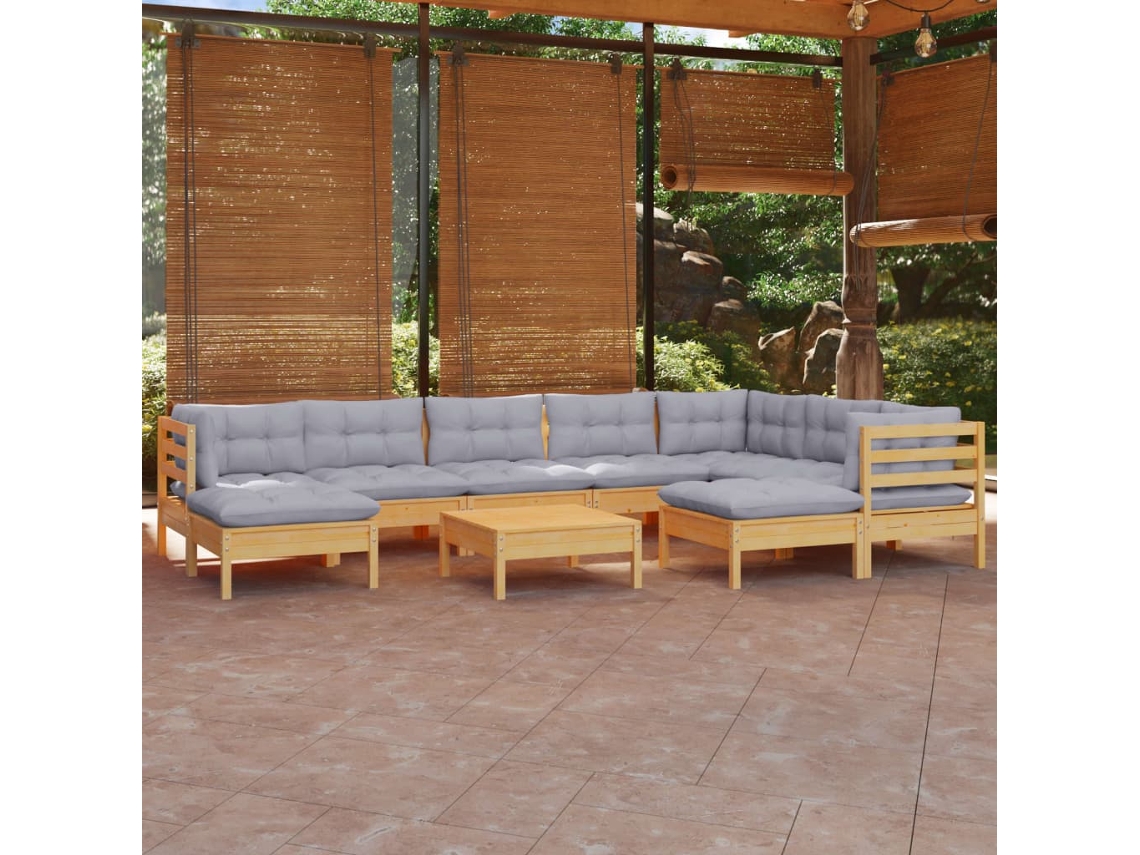 Vidaxl 10pcs Conjunto Lounge De Jardim + Almofadões Cinza Pinho Maciço