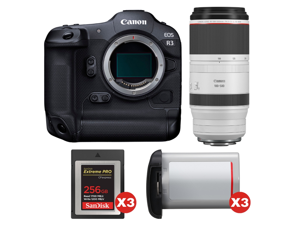 Eos R3 + Rf 100 500mm F/4.5 7.1 L Is Usm + 3 Sandisk 256gb Extreme Pro Cfexpress Type B + 3 Canon Lp e19 + Ebook Pricedirect CANON