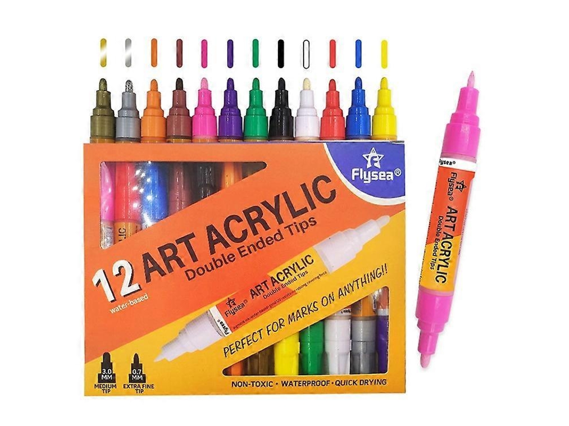 Marcadores De Tinta Acrílica Flysea Fs 973 Olysi Shop (pacote Com 12, 3,0 Mm E 0,7 Mm, Ponta Dupla, À Base De Água)