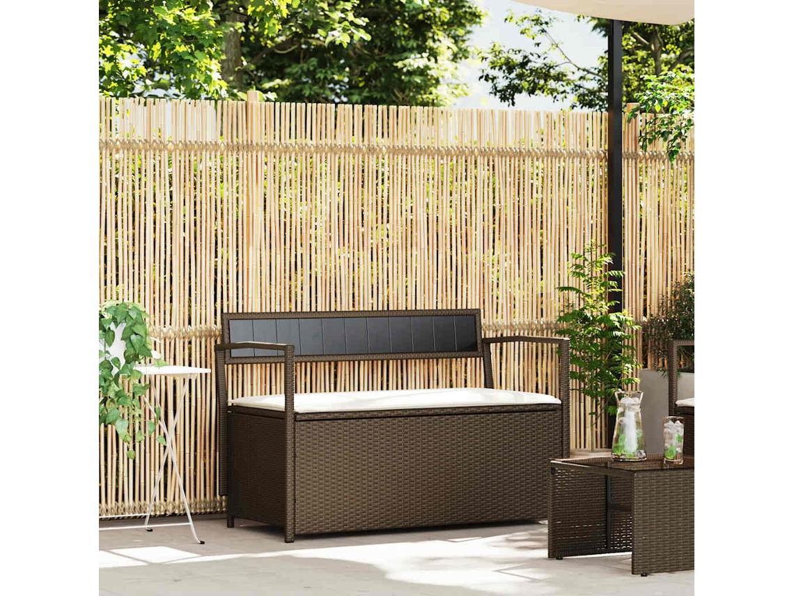 Vidaxl Banco De Jardim Com Espaço De Armazenamento E Almofada, Em Rattan Sintético Marrom, Da