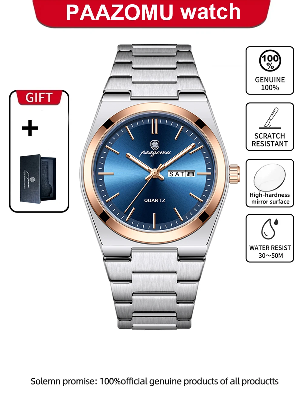 Relógio De Quartzo Elegante (dourado E Azul), Multifuncional Com Cronógrafo E Função De Data.