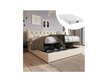Cama De Casal Hidráulica Estofada 160x200cm, Cabeceira Ajustável, Cama Com Estrutura Metálica De Ripas, Estrutura De Cama Moderna Com Espaço De Armaze