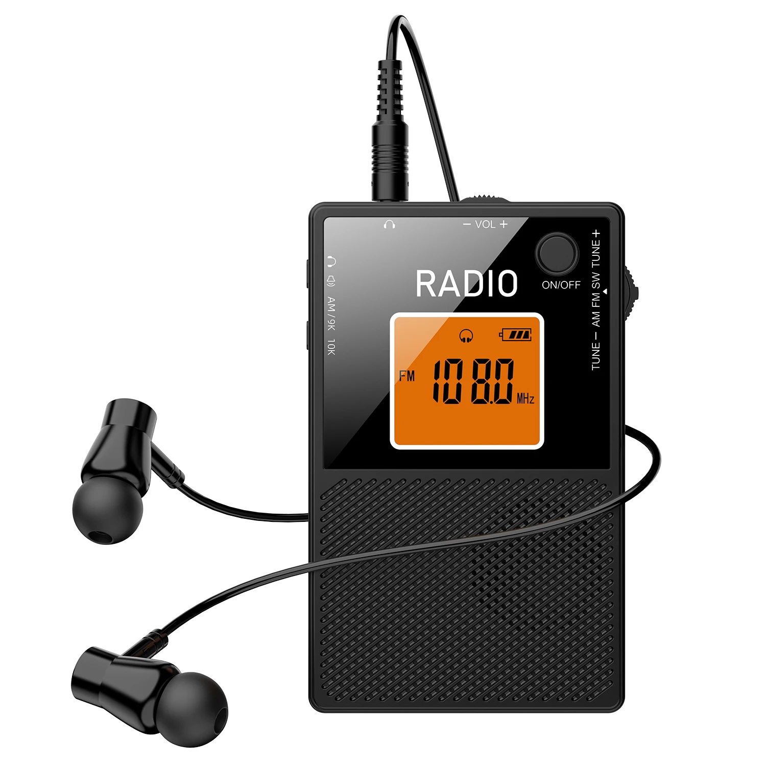Mini Rádio AM/FM/SW estéreo MDUG com alto falante externo, tela retroiluminada e fones de ouvido recarregáveis