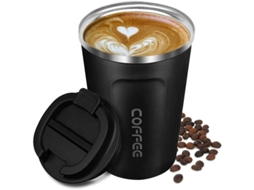Caneca térmica de viagem, aço inoxidável, 380ml, tampa à prova de vazamentos, reutilizável, para bebidas quentes e frias, preta.