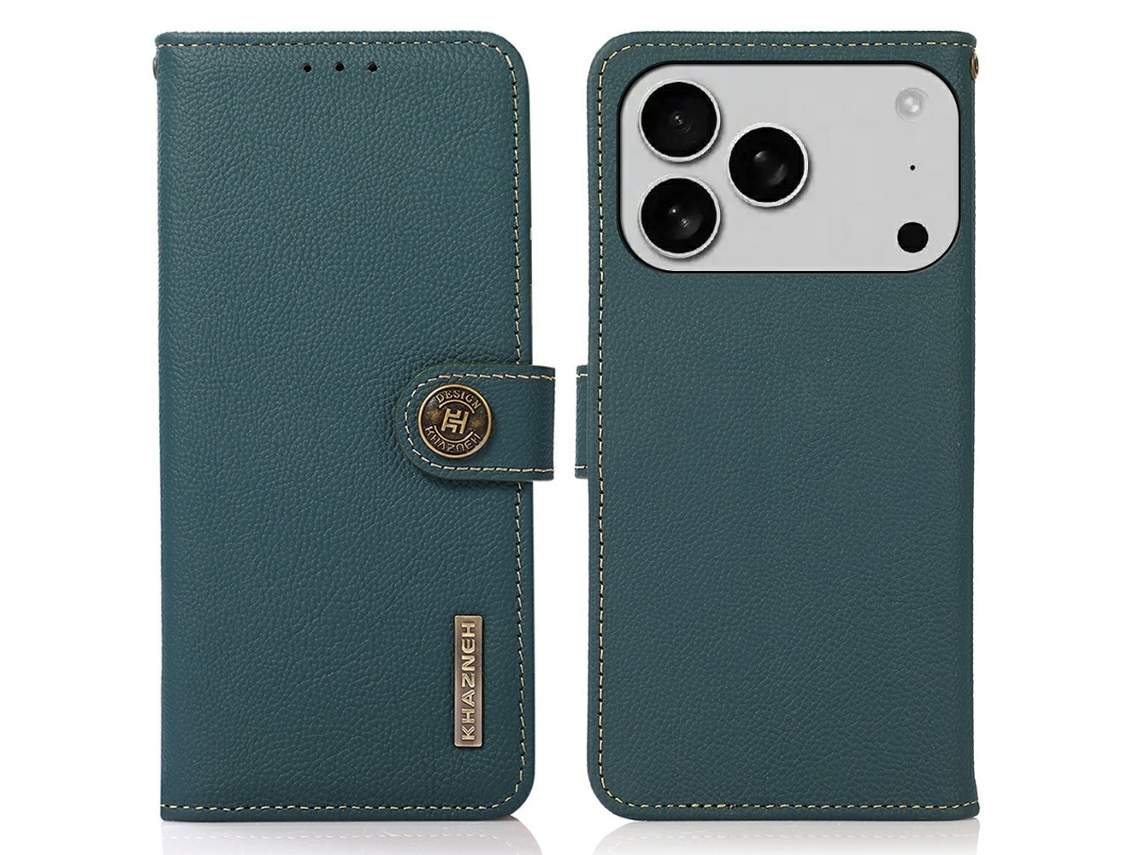 Capa Khazneh Para Iphone 17 Pro Com Rfid Em Couro Genuíno Verde.