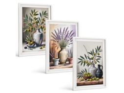 Galeria De Pinturas Murais Flores, Azeitonas Em Vasos, Fundo Moldura Branca Fotos Para O Escritório Espelharte (3 Piezas De 40x60 Cm)