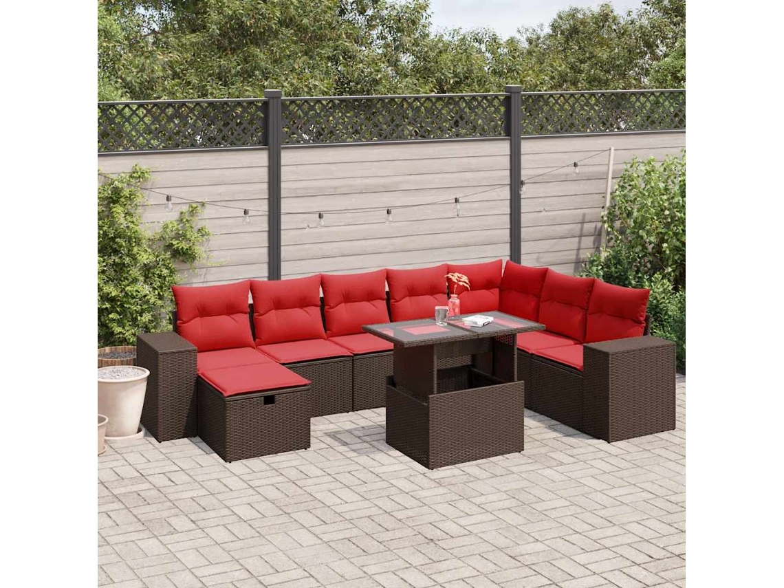 Vidaxl Conjunto De Sofá De Jardim Com 9 Peças E Almofadas Em Rattan Sintético Marrom