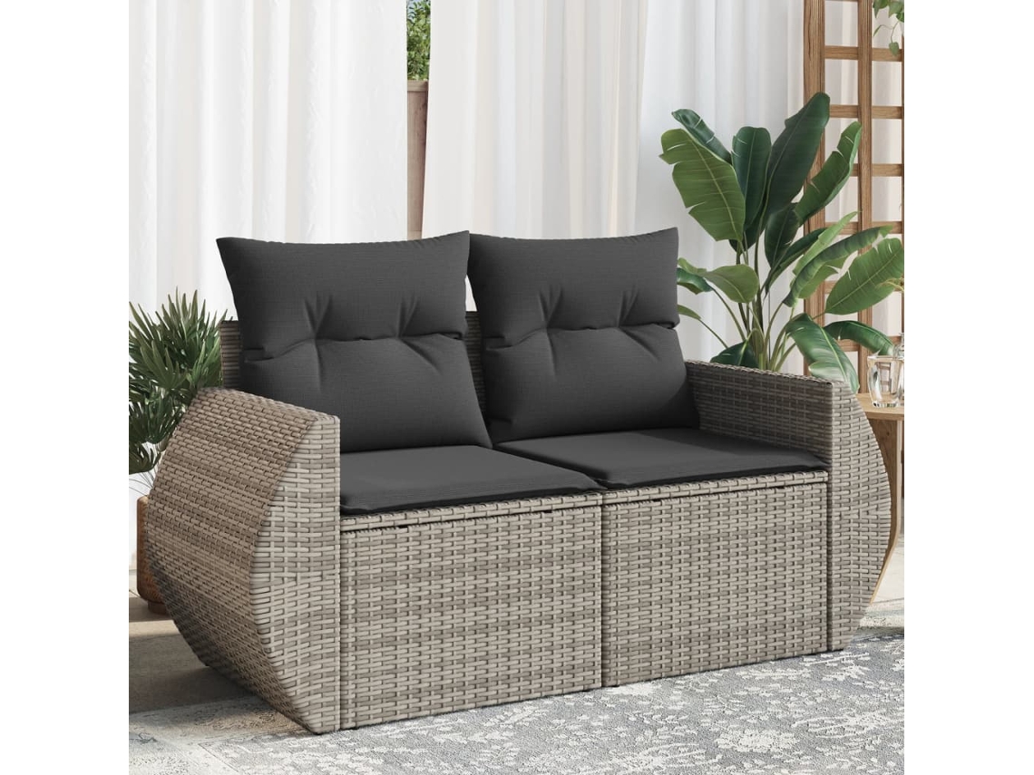 Vidaxl Sofá De Jardim De 2 Lugares Com Almofadões Vime Pe Cinzento