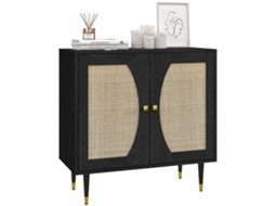 Buffet de Cozinha Design Boho com Armário Duplo,2 Níveis,porta em Rattan,preto 80x38x79cm BTFORUS