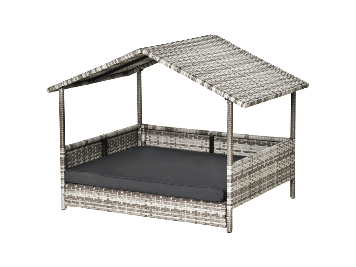 Casa De Cachorro Rattan Com Almofada, Cama Em Formato De Casa, Abrigo Externo, Estrutura De Aço, Plástico, Cinza, 69 X 98 X 70 Cm.
