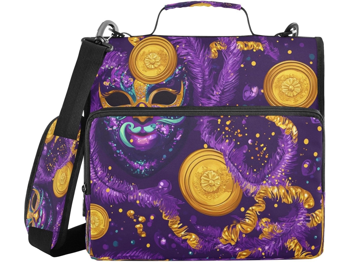 Conjunto de 3 malas Argola com estampas de máscaras de carnaval, bolsos extras, alça, diversos compartimentos e design que economiza espaço.