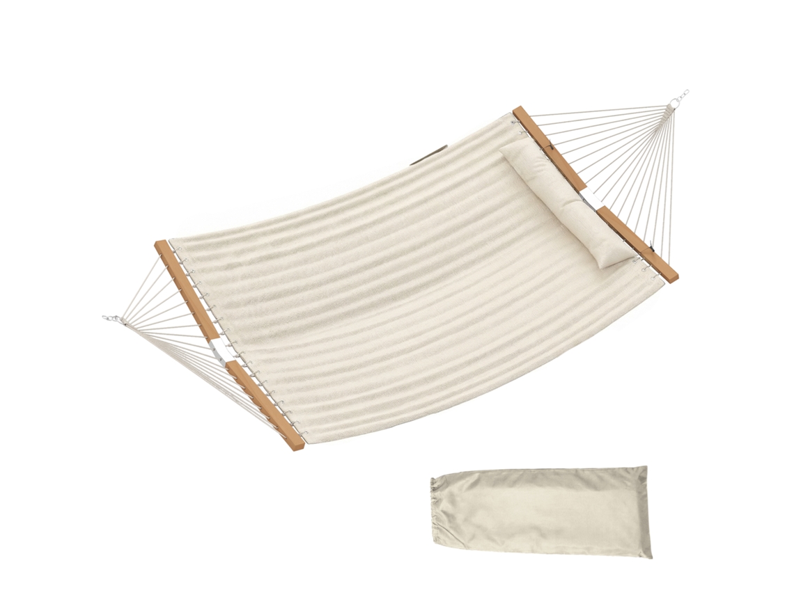 Cama Rede Acolchoada De Jardim Portátil Com Almofada Ajustável Bolso Para Revistas Estrutura De Madeira 325x140 Cm Creme