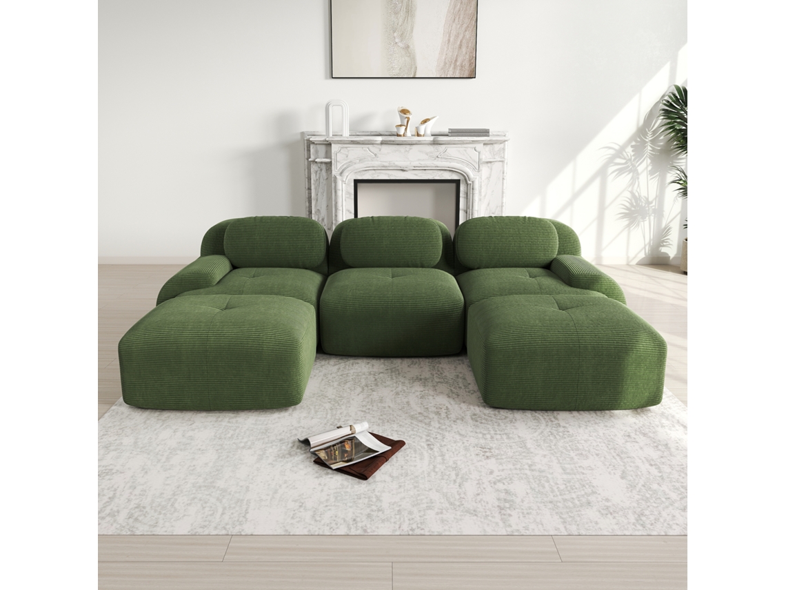 Sofá Modular U Em Cordão Premium, Sem Moldura, Antiderrapante, Amigável Para Pets, Braços Largos, Estofamento 32d, Verde.