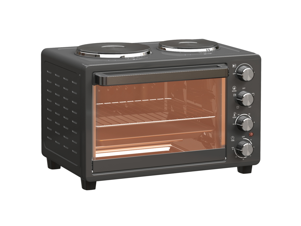 Mini Forno 28l 2600w, 100-230°c, Temporizador 60min, 2 Placas, Bandeja, Grelha, Bandeja Migalhas, Preto