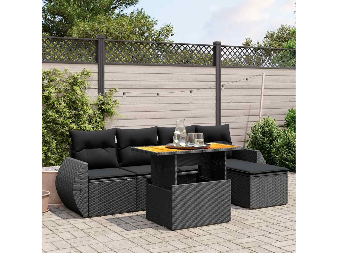 Vidaxl 6 Pcs Conjunto Sofás De Jardim C/ Almofadões Vime Pe Preto