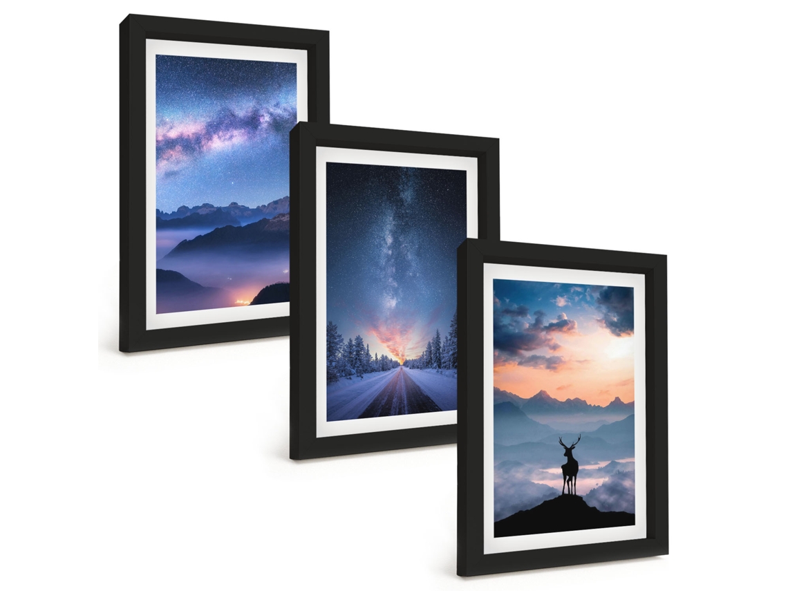 Composição De Quadros Na Parede Céu Noturno, Montanhas, Neblina, Veado Moldura Preta Pinturas De Quarto Espelharte (3 Peças 20x30 Cm)