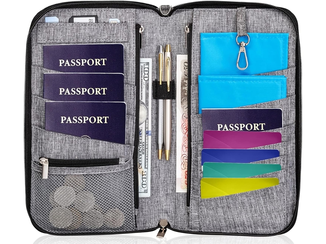 Organizador Familiar Para Passaportes, Cor Cinza, Com Proteção Rfid, Compartimentos Para Cartões E Documentos