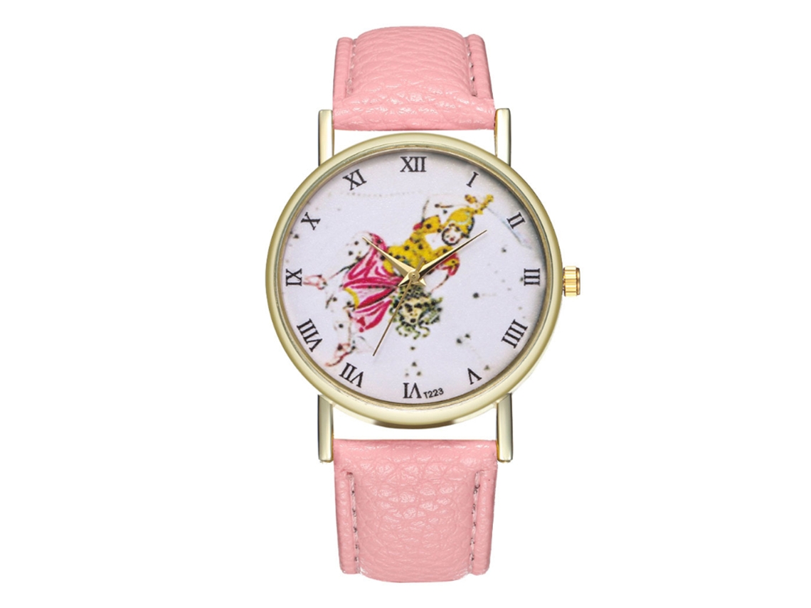 Relógio de pulso unissex em couro PU com mostrador redondo, movimento de quartzo ajustável, cor ouro rosa, estilo casual.