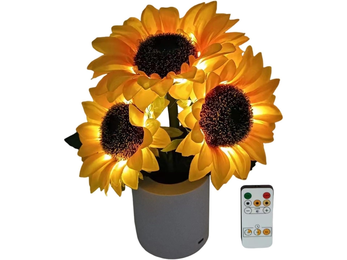 Luminária LED em formato de flor com intensidade ajustável.