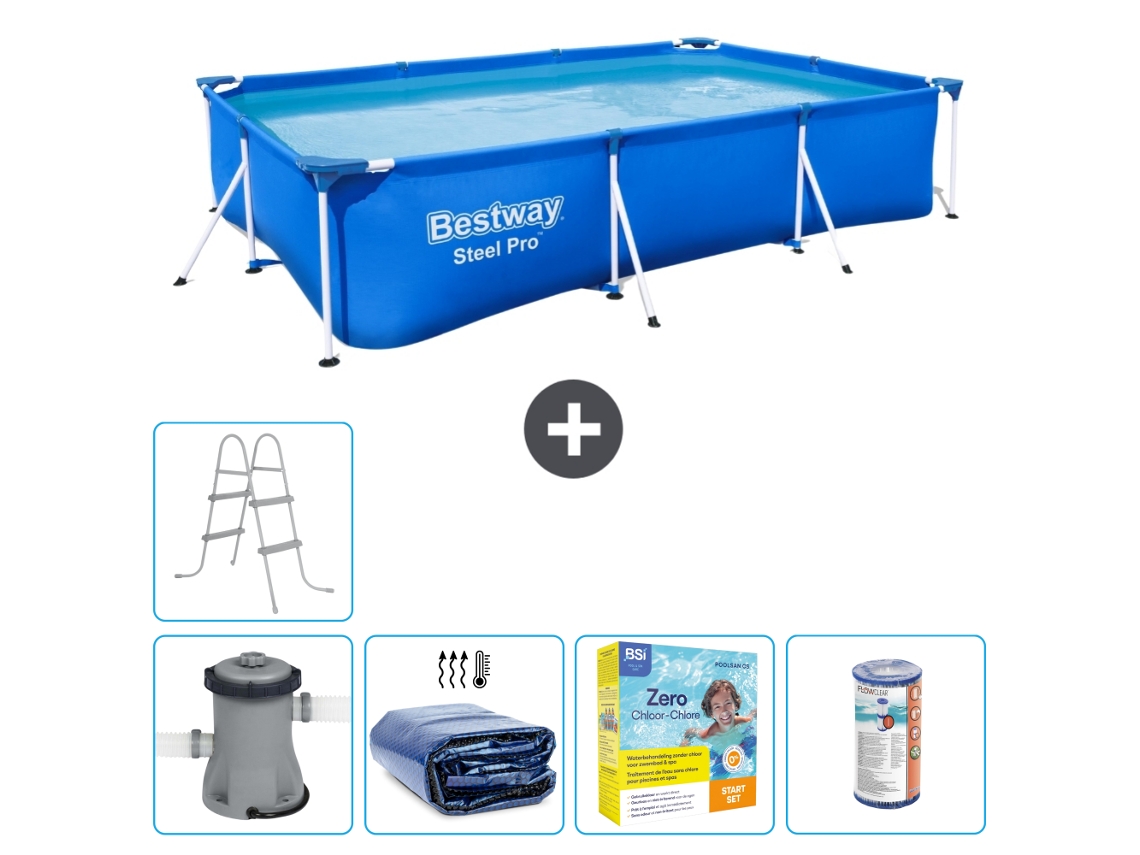 Piscina Retangular de Aço Pro BESTWAY 300 X 201 X 66 Cm Azul Inclui Bomba Vela Solar Pacote de Manutenção Filtro Escada