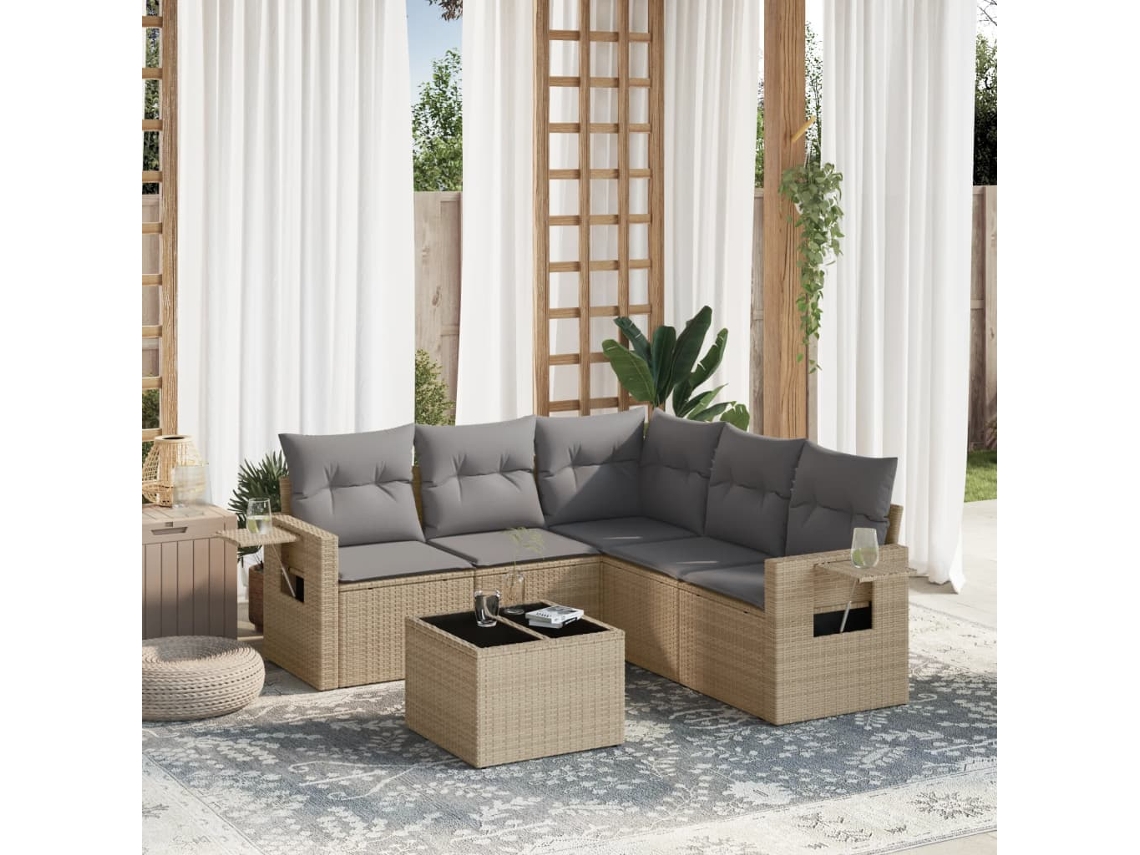 Vidaxl 6 Pcs Conjunto De Sofás P/ Jardim Com Almofadões Vime Pe Bege