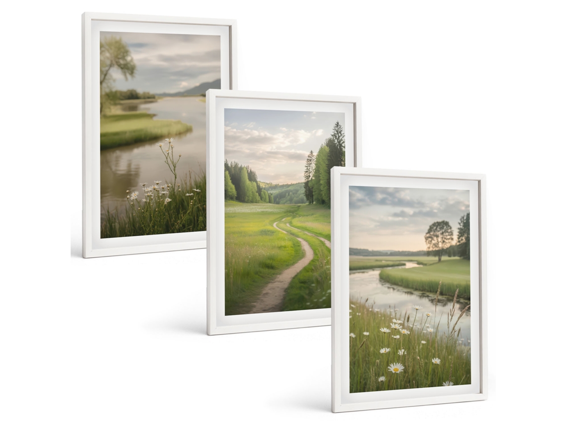 Pinturas Murais Modernas Paisagens De Verão, Rio E Prado, Flores Moldura Branca Fotos Para O Escritório Espelharte (3 Piezas De 40x60 Cm)