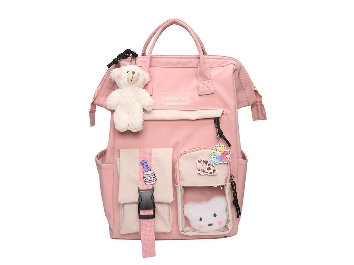 Mochila Kawaii Com Acessórios, Pin Bonito, Capacidade Grande Para Menina Escolar, Mochila Resistente À Água, Cor Rosa