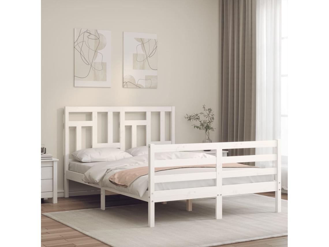 Cama De Casal | Camas Para Quarto | Estrutura De Cama Com Cabeceira 140x200cm Madeira Maciça Branco
