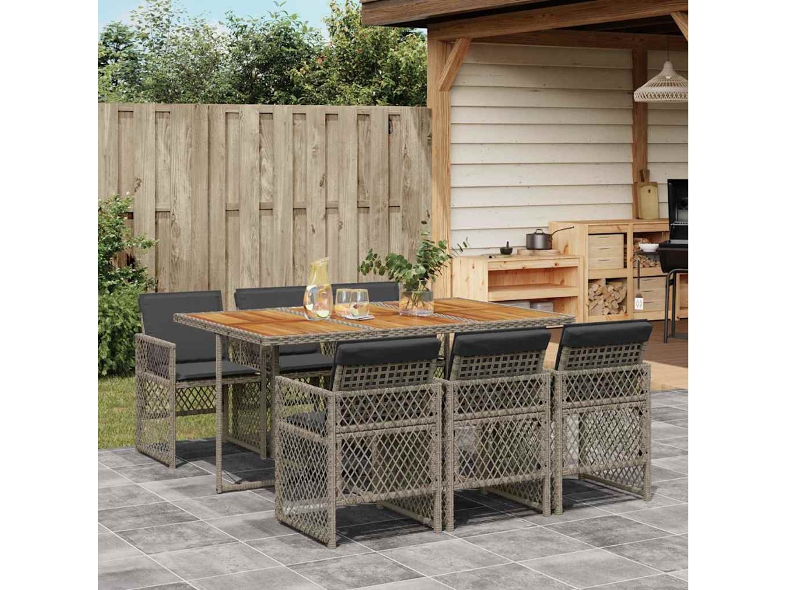 Vidaxl 7 Pcs Conjunto De Jantar P/ Jardim C/ Almofadões Vime Pe Cinza
