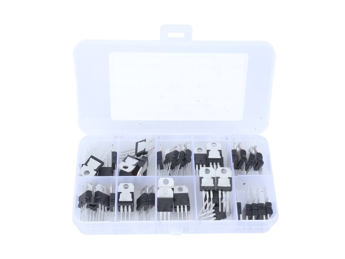 Kit De Reguladores De Voltaje Lm317t L7805-l7824 50 Piezas Con Caja Transparente De 10 Compartimentos