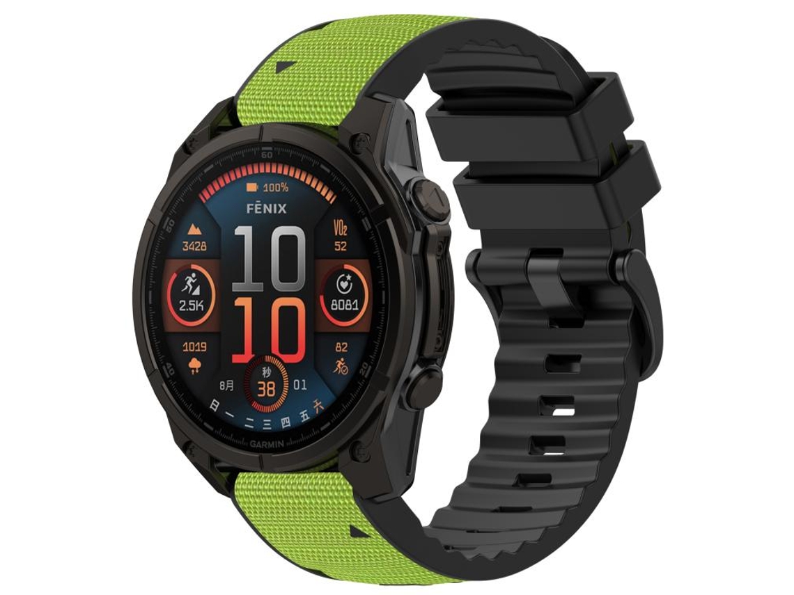 Bracelete Para Garmin (22mm) - Silicone E Nylon Híbrido Com Couro - Liberação Rápida - Duas Cores Nylon Verde-limão + Silicone