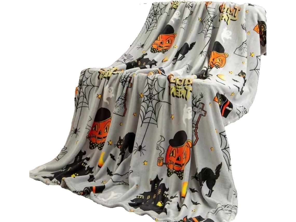 Manta de Halloween Pelúcia Super Macia Syjym com Chapéu Bruxa e Teia Aranha Decorações, Macio, Quente, Ideal