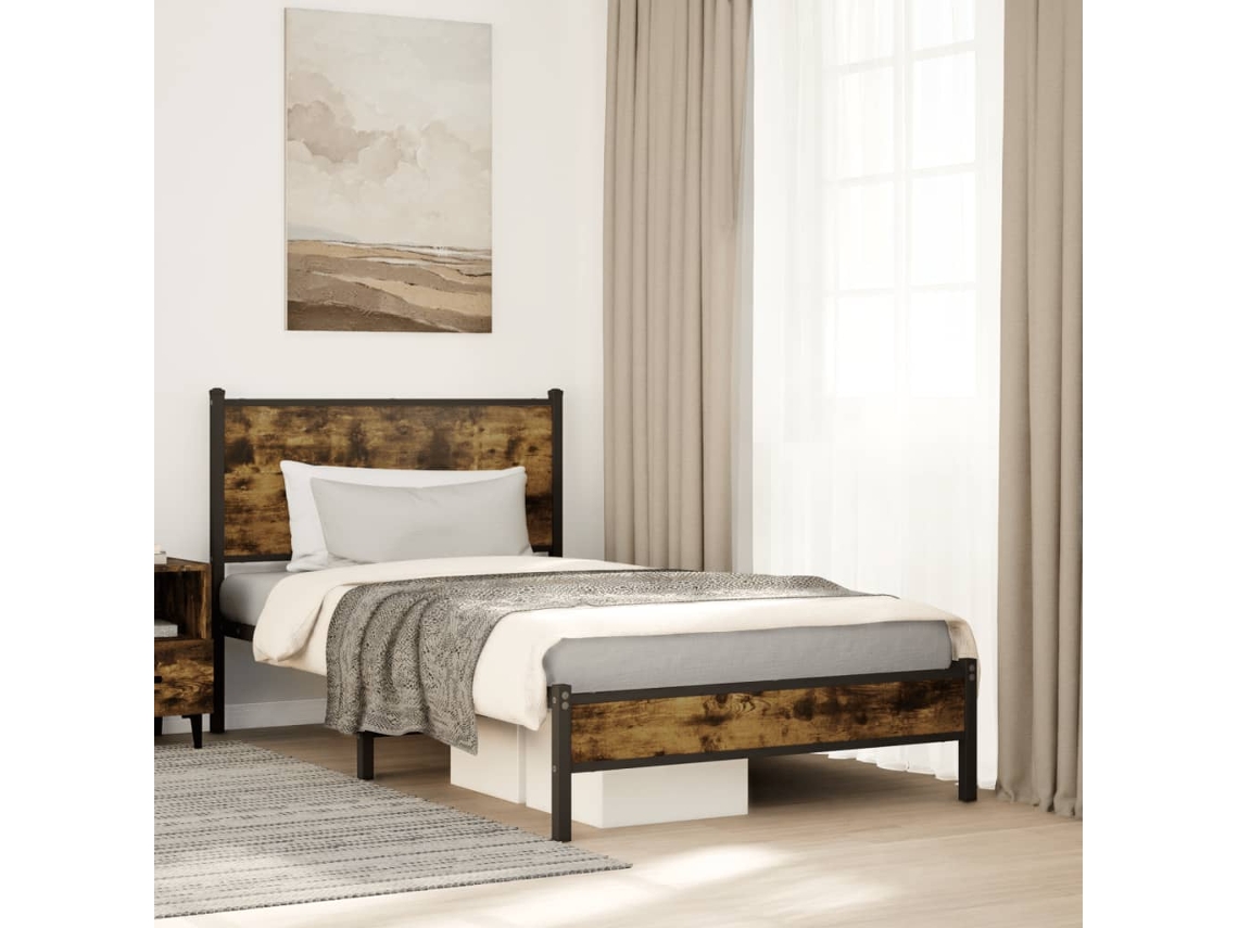 Vidaxl Estrutura De Cama Sem Colchão 107x203 Cm Metal Carvalho Fumado