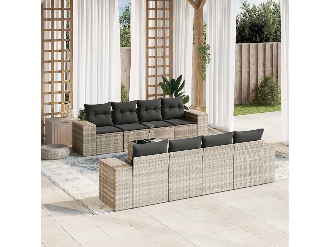 Vidaxl 9 Pcs Conj. Sofás Jardim Com Almofadões Vime Pe Cinzento-claro