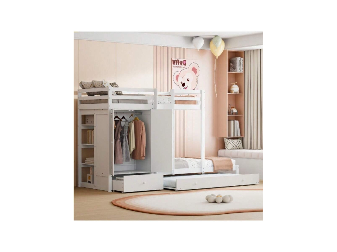 Beliche De Madeira Maciça 90200 Com Cama Dobrável, Cama Infantil Multifuncional Com Guarda-roupa, Gavetas E Compartimento De Armazenamento, Branco