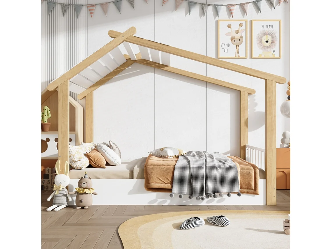 Cama Infantil 90x200cm Madeira Estável Design Simples Branco+natural Lattenrost
