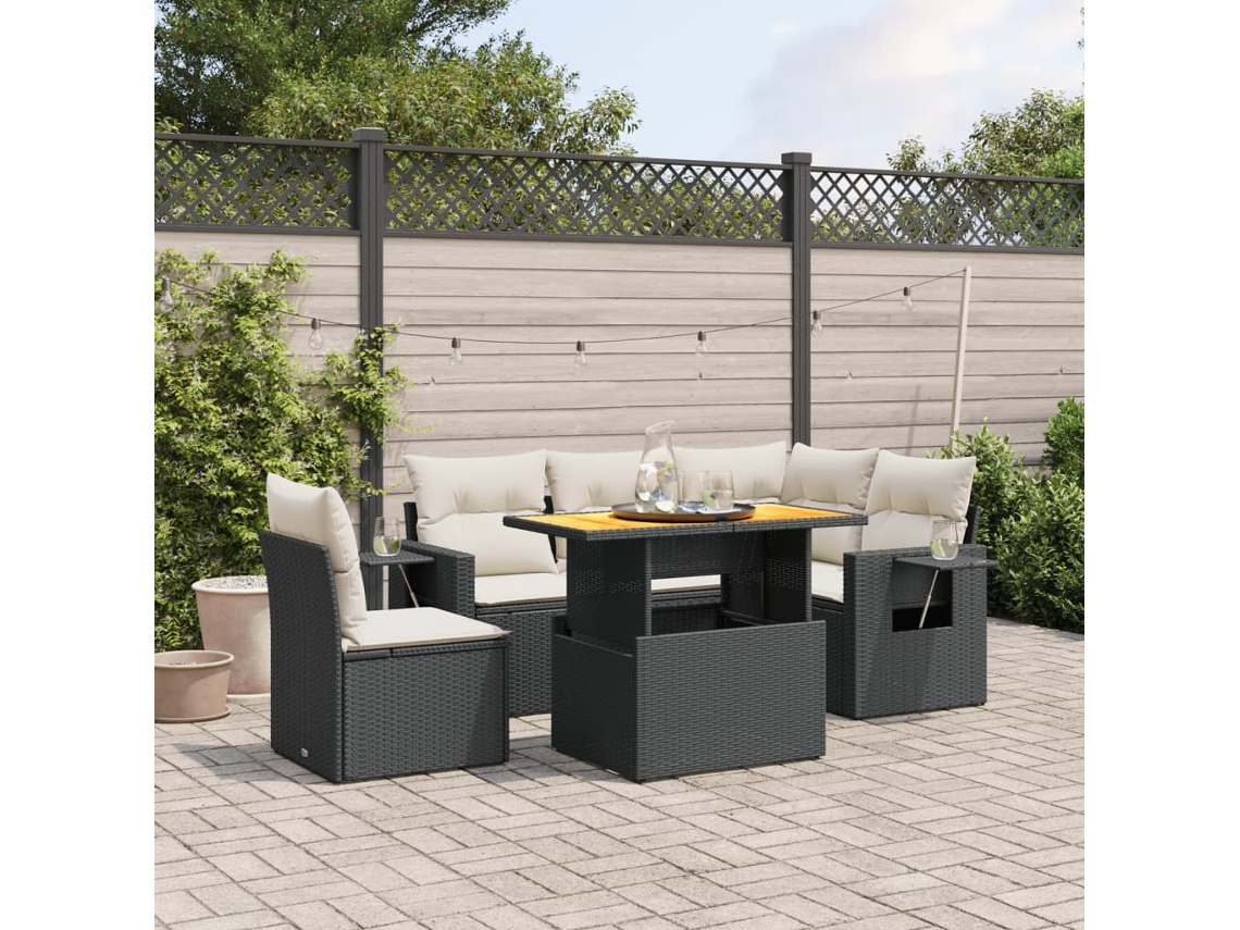 Jogo de Sofá Jardim 6 Peças C/ Almofadões Vime Pe Preto Dkd Home Decor