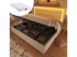 Cama Casal 140x200 com Led Ripas Couro Branco e Colchão Incluso